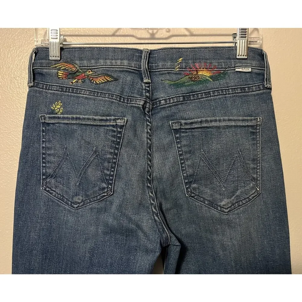 MOTHER The Mid Rise Dazzler Ankle Jeans Size 27 Blue Cherry Picking Bird Design - Picture 1 of 13